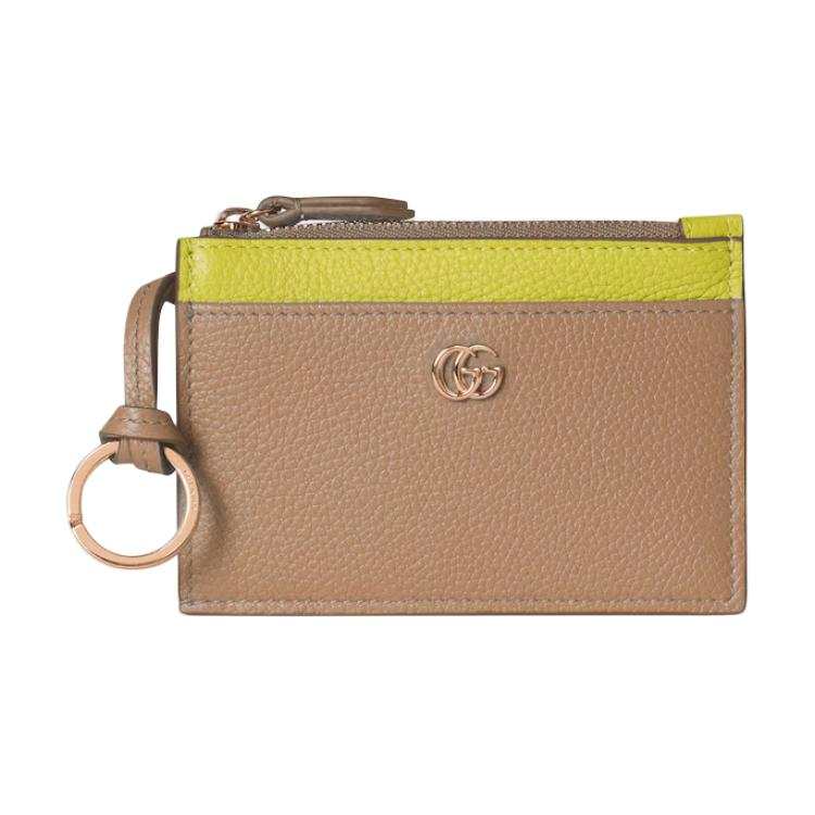 GUCCI GG Marmont Leather Card Holder Women's Beige & Bright Green