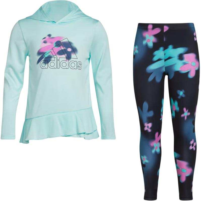Adidas Adidas CURVED FRONT HOODED TOP And TIGHTS SET Casual Sportswear Cool Mint Green Kids'