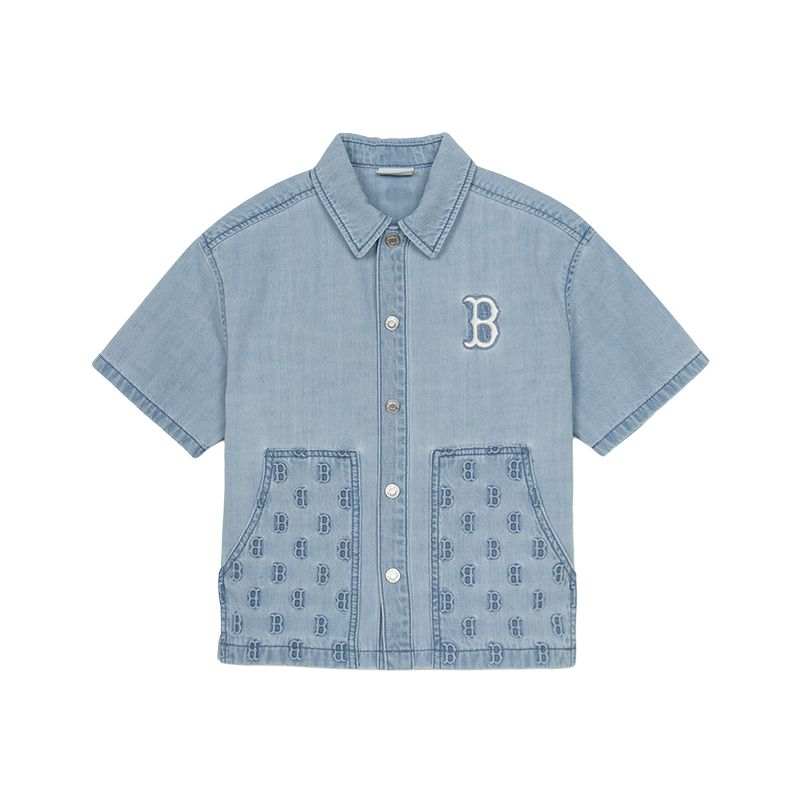 MLB KIDS Letter All Over Print Shirt Spring Summer Autumn Children Aged 3 7 Years Old Light Blue