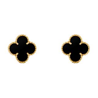 Van Cleef & Arpels Alhambra 18K Gold Onyx Stud Earrings Unisex Gold