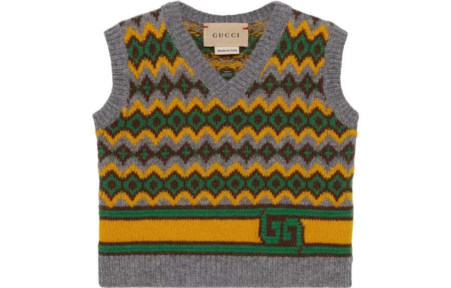 GUCCI Tank Top SS23 Fair Isle Wool Jacquard Vest Green Infant And Toddler