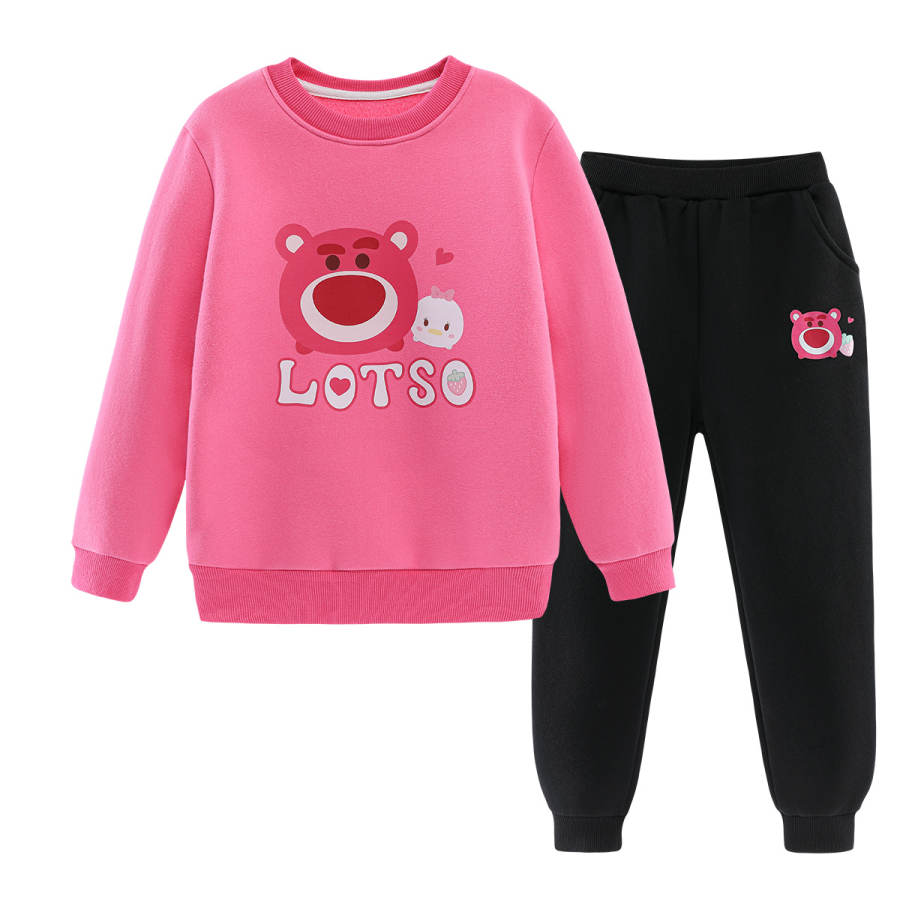 Disney Casual Sportswear Loose Fit Lotso Cartoon Fall Winter Thickened And Fleece Lined Sweatshirt Pants Rose Red Kids'