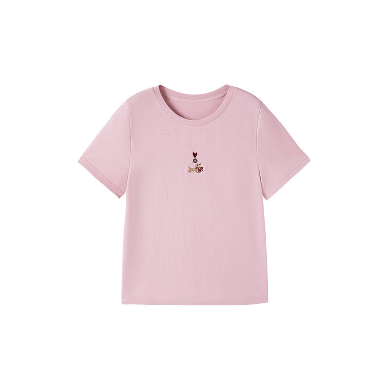 XIANGYING T Shirts Women's Pink Crew Neck Moderate Straight Fit