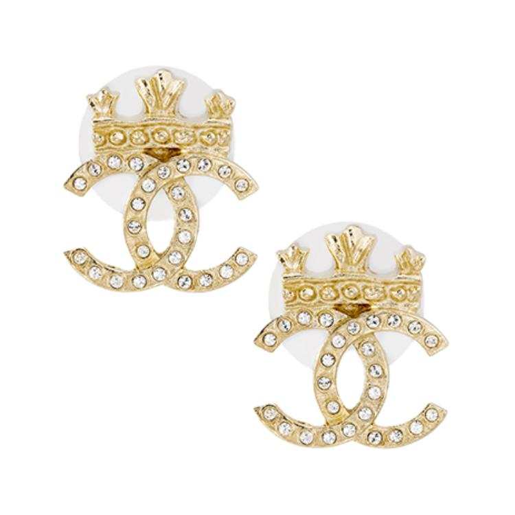 Chanel 2021 Plated Cc Rhinestone Crown Push Back Earrings costume earrings