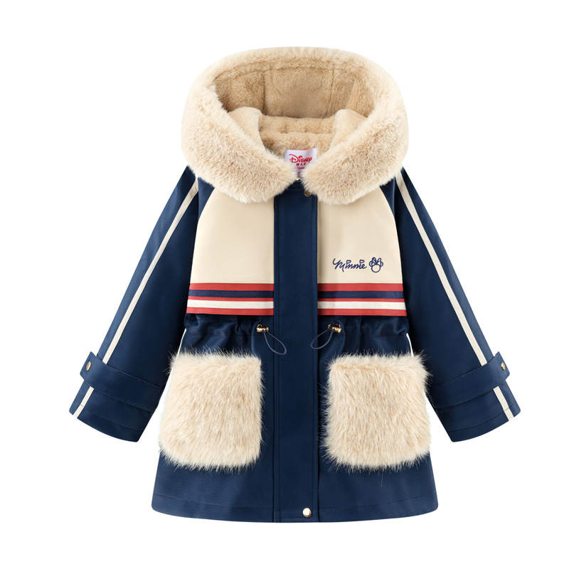 Disney Parka Coat Hooded Thickened And Fleece Lined Cartoon Print Long Sleeved Navy Blue Kids'