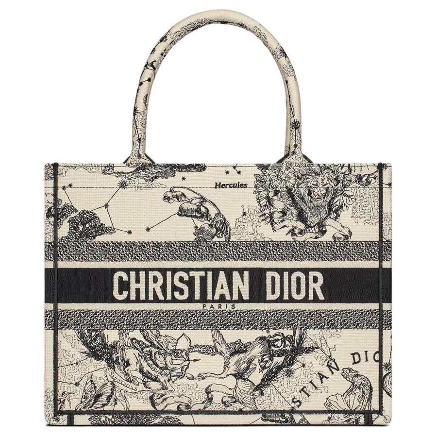 DIOR BookTote Cotton Handbag Medium Women's Beige & Black