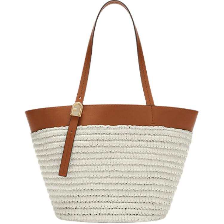 Furla Blended Material Tote Bag, Shopping Bag, Shoulder Bag Small Women's Cognac & White