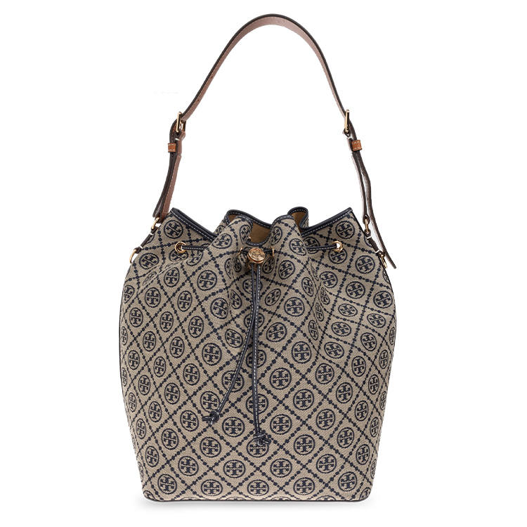 TORY BURCH T Monogram Fabric With Leather Bucket Bag, One Shoulder Handbag Regular Women's Beige