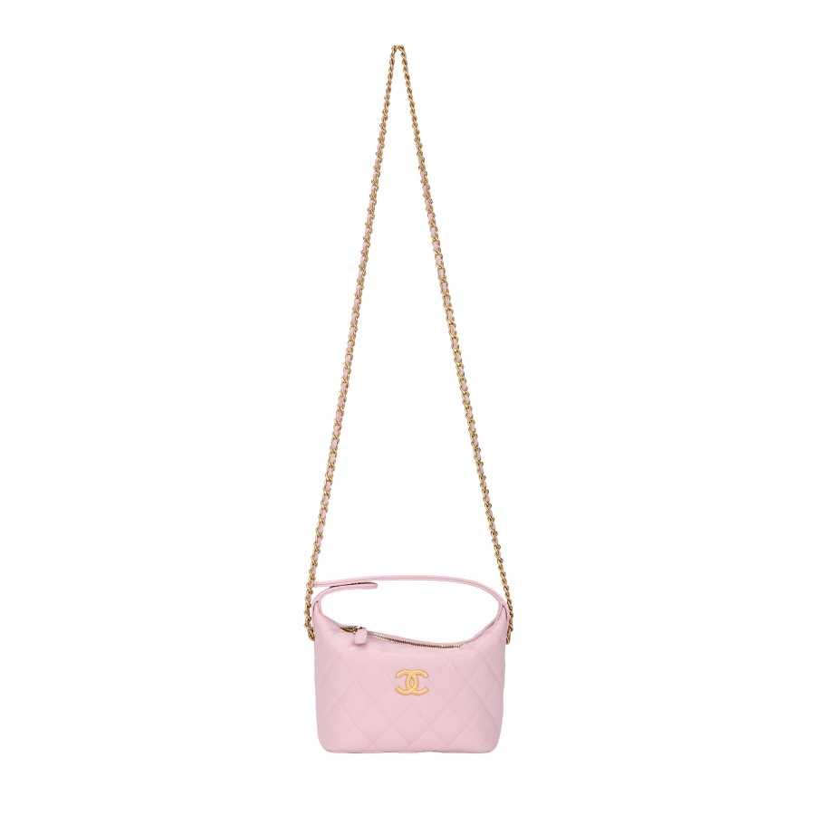 CHANEL HOBO Grain Cow Leather Material Gold Metal Lunch Bag, Shoulder Bag, Crossbody Bag, Handbag Women's Light Pink