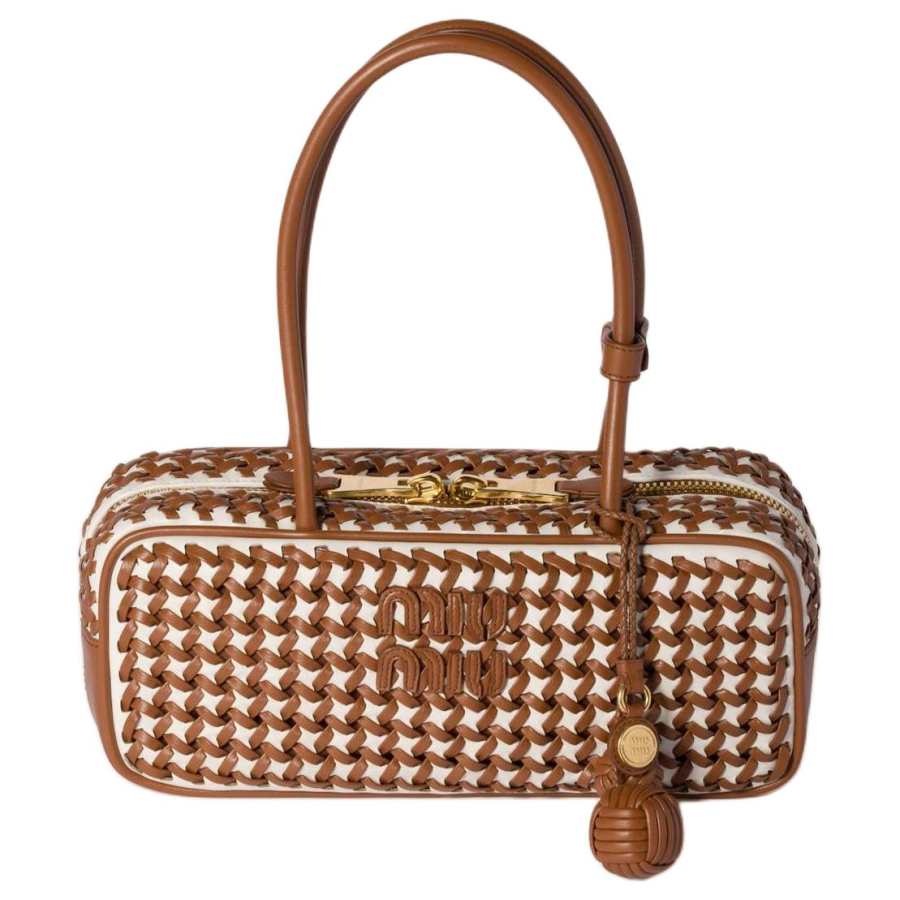 MIU MIU Beau Calfskin Handbag Women's Tea Brown & White