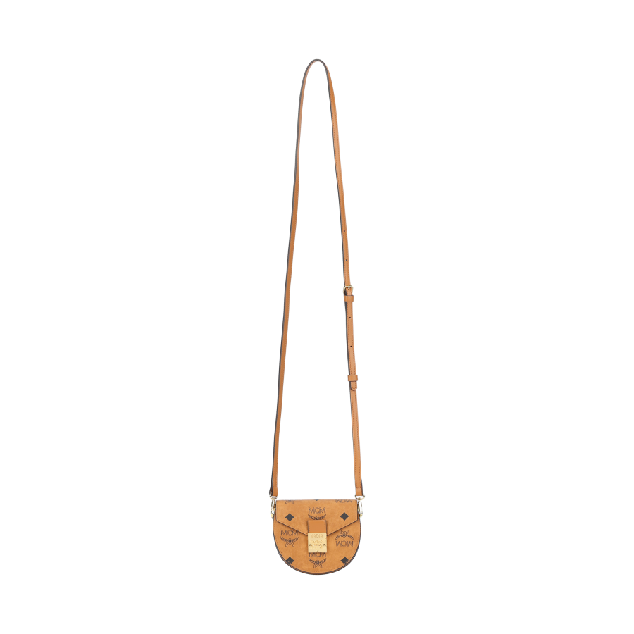 MCM Patricia Visetos Leather Paneled Canvas Saddle Bag, Crossbody Bag, Shoulder Bag Small Women's Brown & Cognac