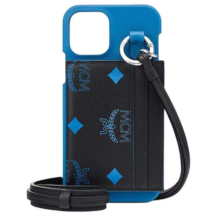 MCM Cow Leather With Fabric Cell Phone Pouch Unisex Blue