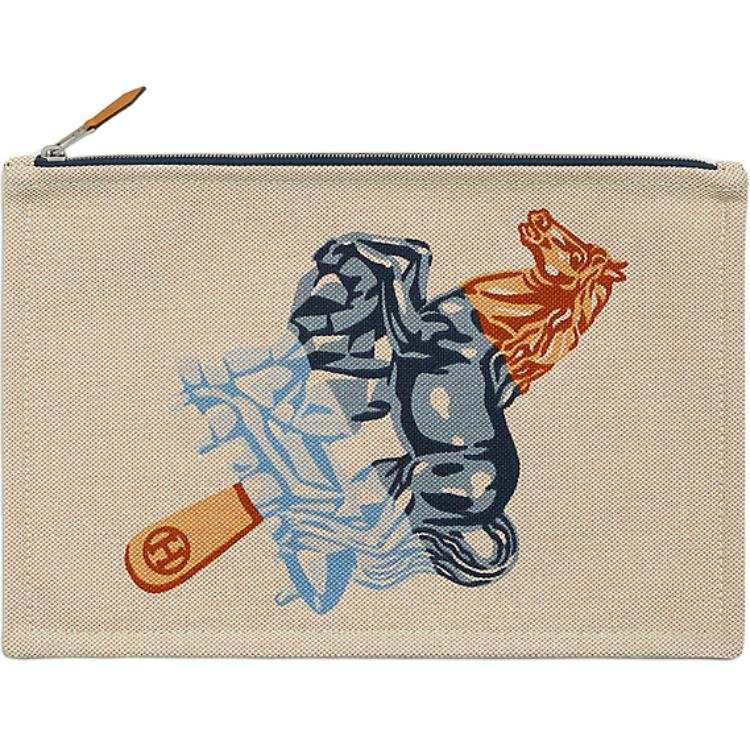 HERMES Cotton Travel Storage Bag Unisex Flesh & Blue