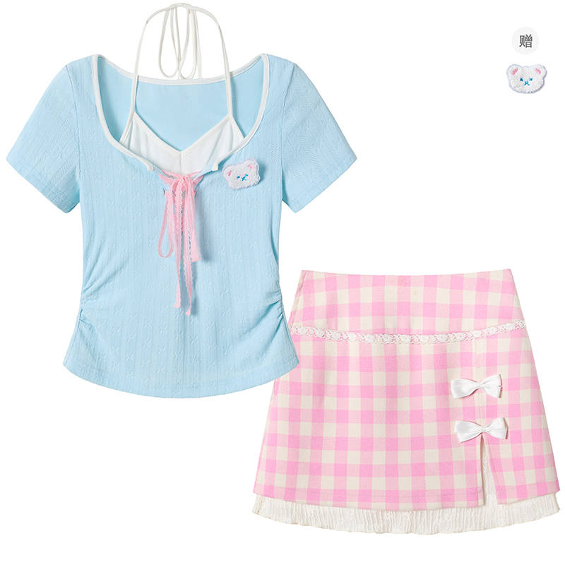 FABRIC PIG Two Piece Skirt Sets Women's Crew Neck Moderate Short