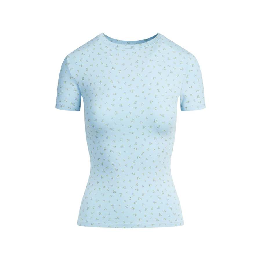 Skims T Shirts Women's POWDER BLUE MICRO FLORAL/Pink Blue Micro Floral Crew Neck