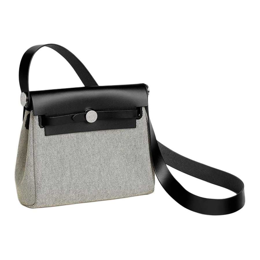 HERMES Herbag Zip Viking Canvas With Hunter Cow Leather Shoulder Bag 20 Unisex Black & Gray