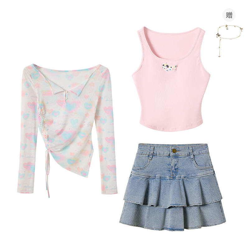 FABRIC PIG Two Piece Skirt Sets Women's Crew Neck Moderate Short Skirt