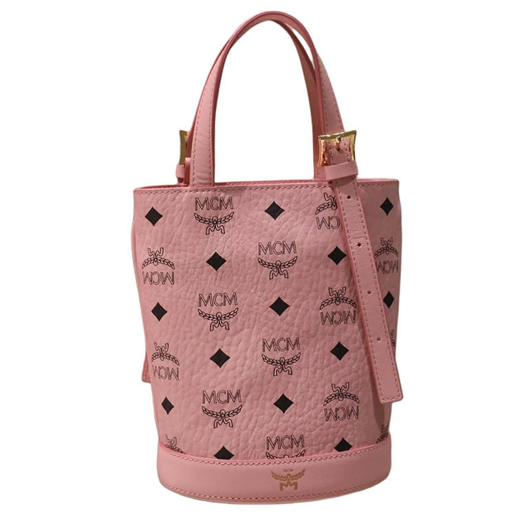 MCM Aren Visetos Leather Bucket Bag, One Shoulder Handbag Mini Women's Pink