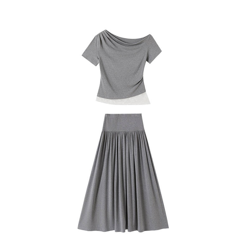 XIANGYING Two Piece Skirt Sets Women's Crew Neck Moderate Long