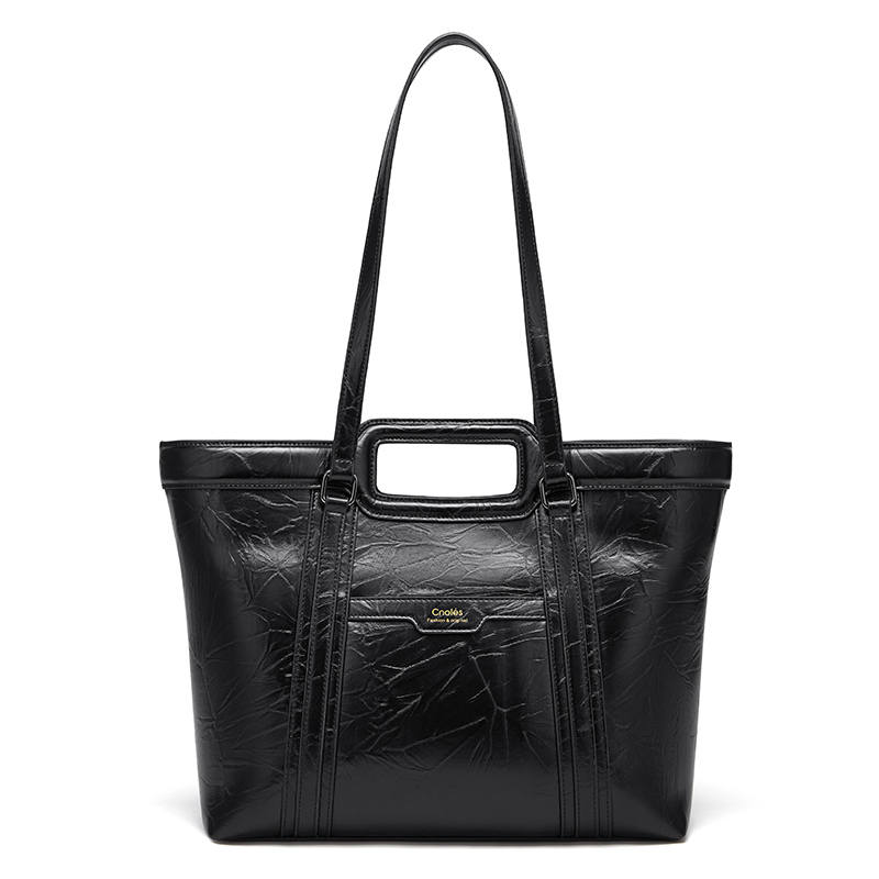 CNOLES Hand Grab Texture Shinny PU Leather Tote Bag, Shopping Bag, Shoulder Bag Regular Extra Large Women's Black