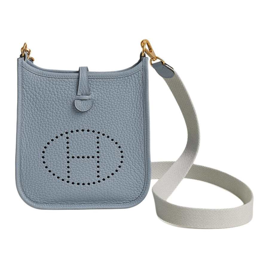 HERMES Evelyne Clemence Bullock Leather Crossbody Bag, Shoulder Bag 16 Women's Linen Blue & Pearl Gray