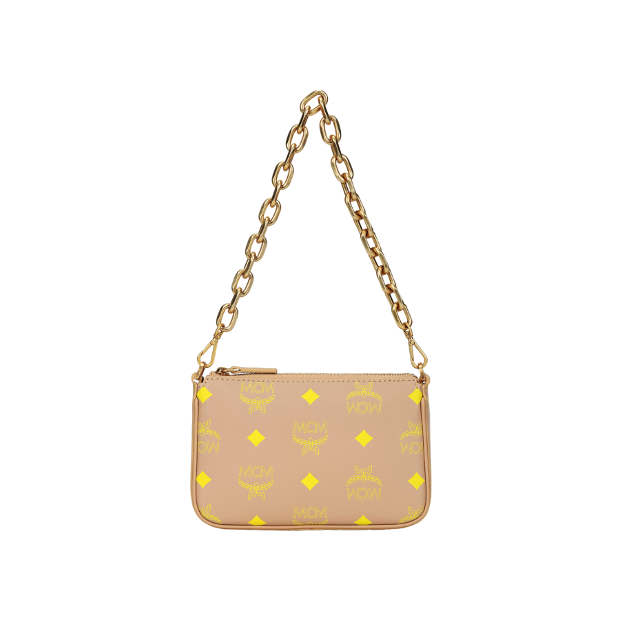 MCM Leather Shoulder Bag, Portable Crossbody Bag Mini Women's Beige