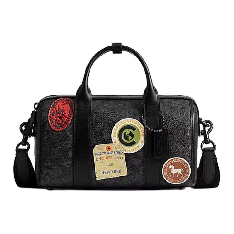 COACH Signature Coated Canvas Boston Bag, Shoulder Bag, Crossbody Bag, Handbag Medium Men's Black