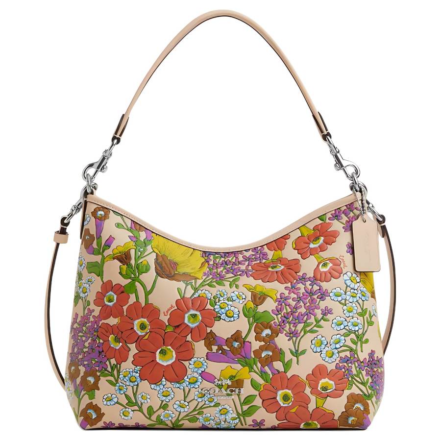 COACH Smooth Leather Handbag, Shoulder Bag Large Women's Silver With Ivory Multicolor