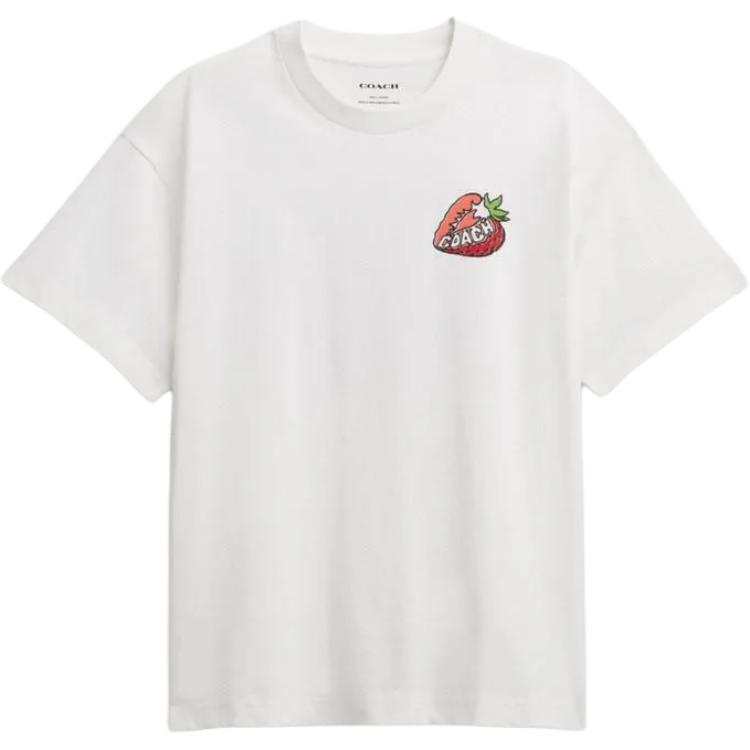 COACH SS25 Strawberry Print Crew Neck Pullover Short Sleeved T Shirt Women's White