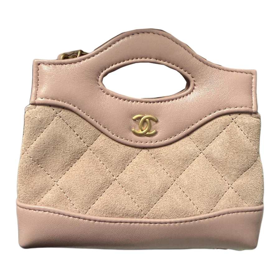 CHANEL 31Bag Suede Material Gold Metal Handbag Women's Light Pink