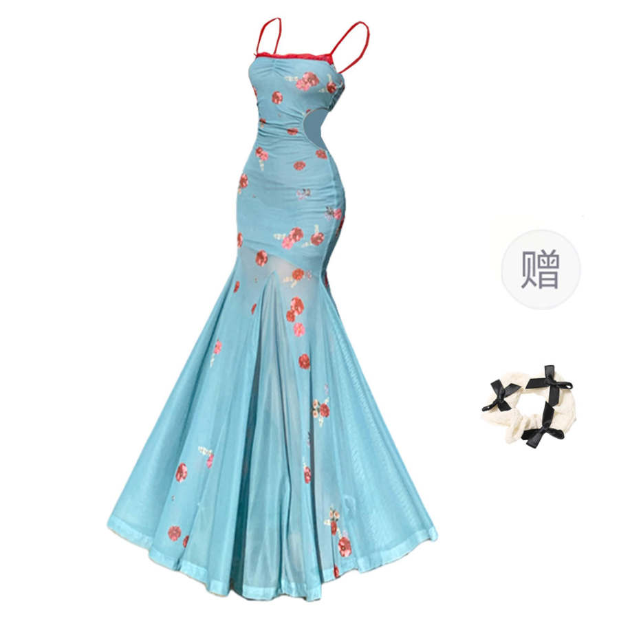 CPAURA Slip Dresses Women's Blue+Bowknot Hair Tie Comes With Boat Neck Moderate Long