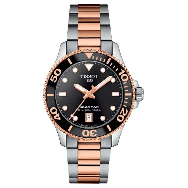 TISSOT SEASTAR Quartz Movement 300m Waterproof Unisex Watch 36mm Black Dial Stainless Steel Case