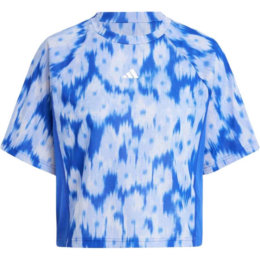 Adidas Adidas Women's Train Essentials Allover Print Flower Tie Dye T Shirt Semi Lucid Blue