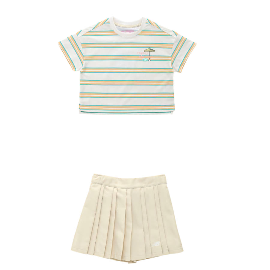 New Balance New Balance Casual Sportswear SS25 2 Piece Set White Green Stripes/Light Khaki Children Aged 3 7 Years Old