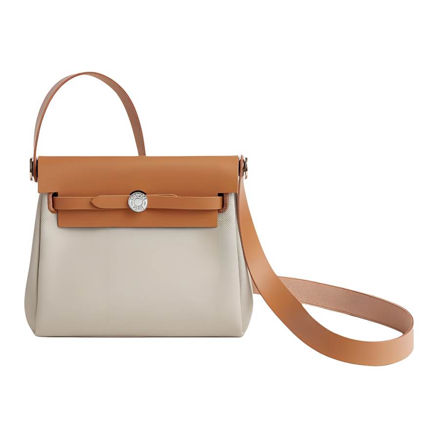 HERMES Herbag Zip Militaire Canvas With Hunter Cow Leather Shoulder Bag 20 Unisex