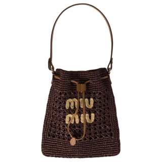MIU MIU Raffia Fiber Bucket Bag Handbag Mini Women's Cocoa Brown & Natural