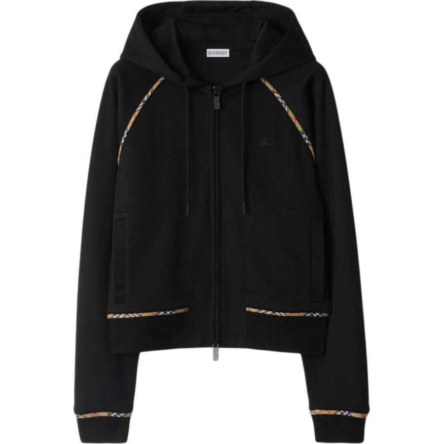 Burberry Checked Trim Zipped Drawstring Hoodie