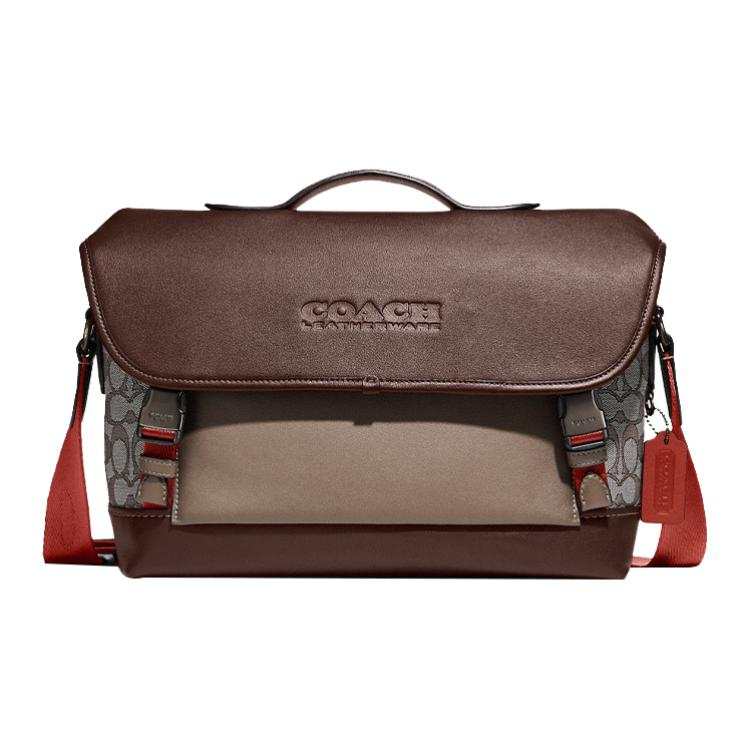 COACH League Cow Leather Detail Cycling Bag, Shoulder Bag, Crossbody Bag, Handbag Large Men's Gray & Milk Tea Brown