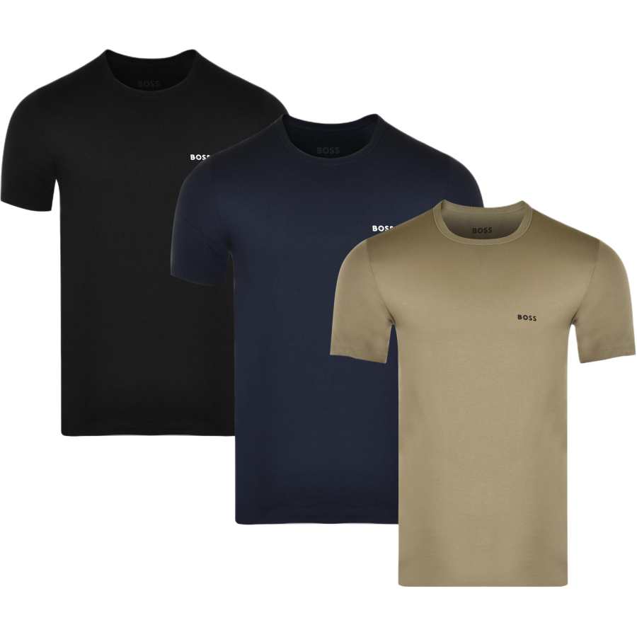 HUGO BOSS T Shirts Men's 3 Pack Black+Marine Blue+Light Khaki Crew Neck