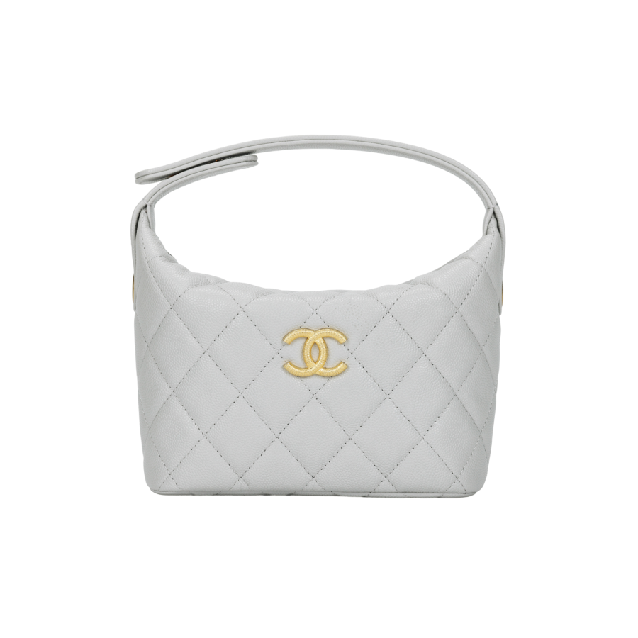 CHANEL Grain Cow Leather Material Gold Metal Handbag Women's Gray