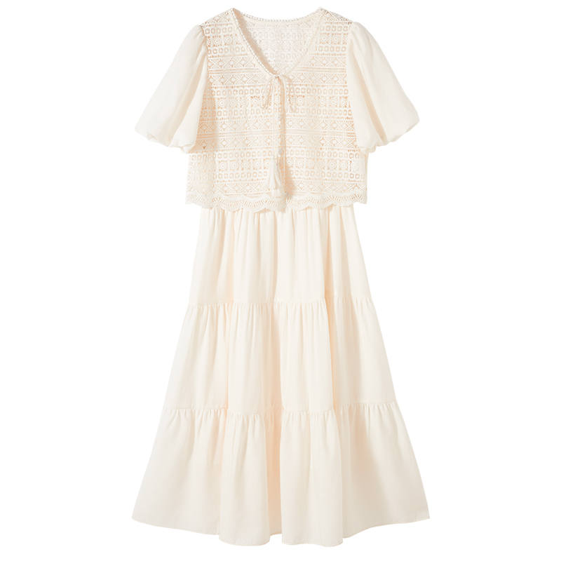 XIANGYING Two Piece Skirt Sets Women's Beige, Warm White V Neck Moderate