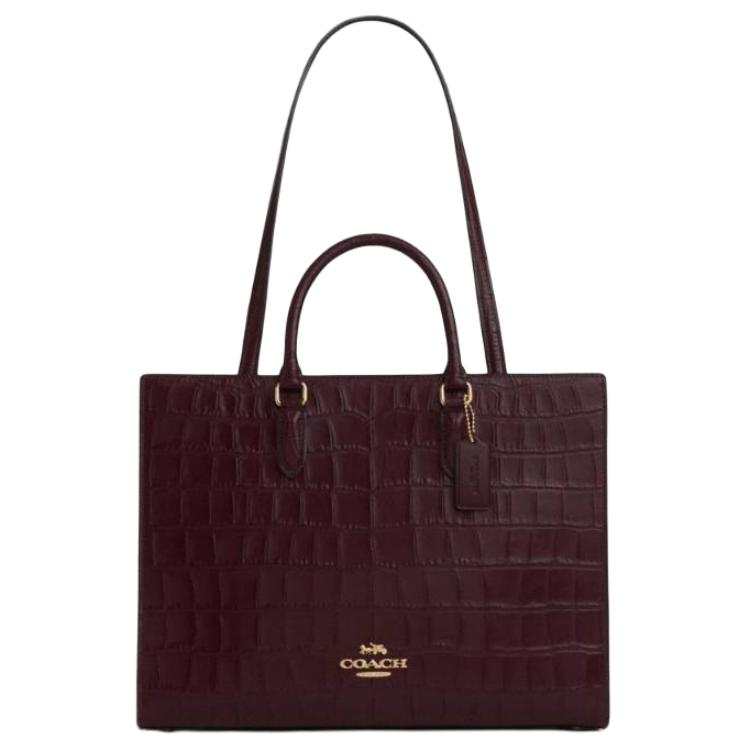 COACH Maggie Crocodile Embossed Leather Tote Bag, Shopping Bag, Handbag Large Women's Dark Brown