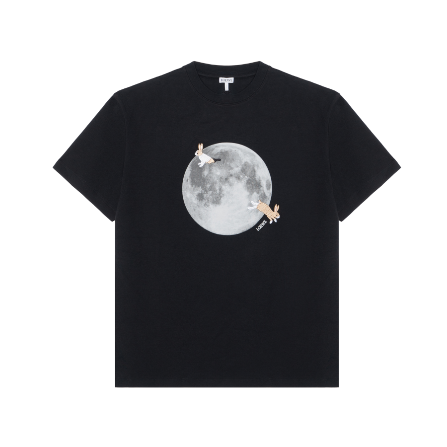 LOEWE x Suna Fujita Moon Bunny Pattern Crew Neck Short Sleeved Drop Shoulder Sleeve T Shirt Women's Black