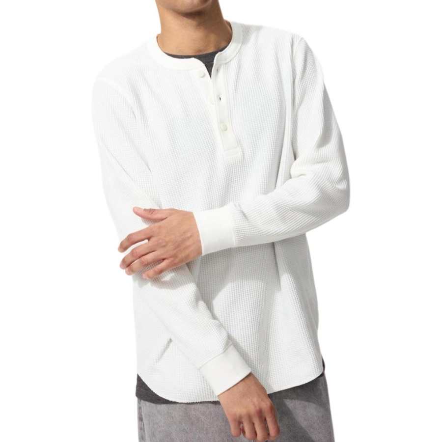 UNIQLO T Shirts Unisex Ivory Henry Collar Moderate