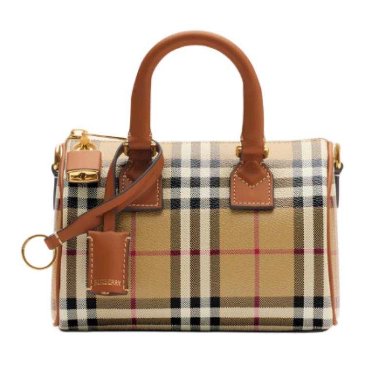 Burberry Coated Cotton Blend Fabric Bowling Bag, Shoulder Bag, Handbag Mini Women's Archive Beige & Heather Brown