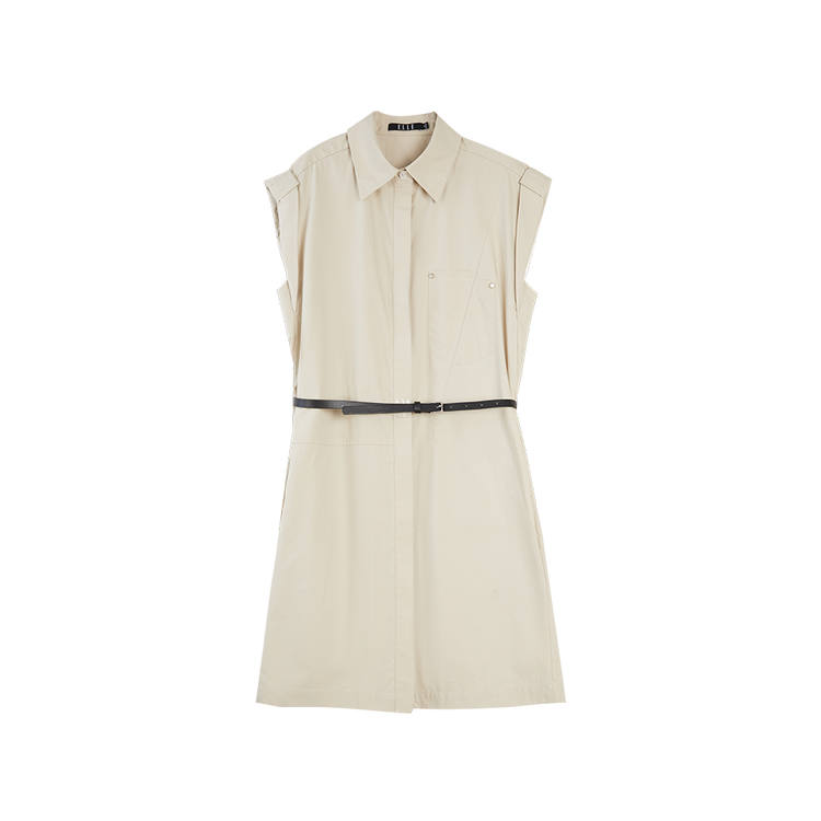 ELLE Sleeveless Dresses Women's Khaki Shirt Collar Moderate Mid Length