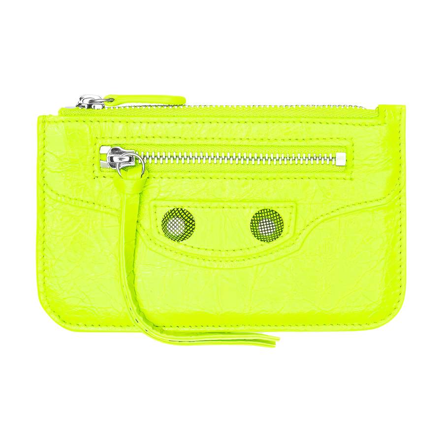Balenciaga Le Cagole Fine Grained Sheepskin Coin Purse, Card Holder Women's Fluorescent Yellow