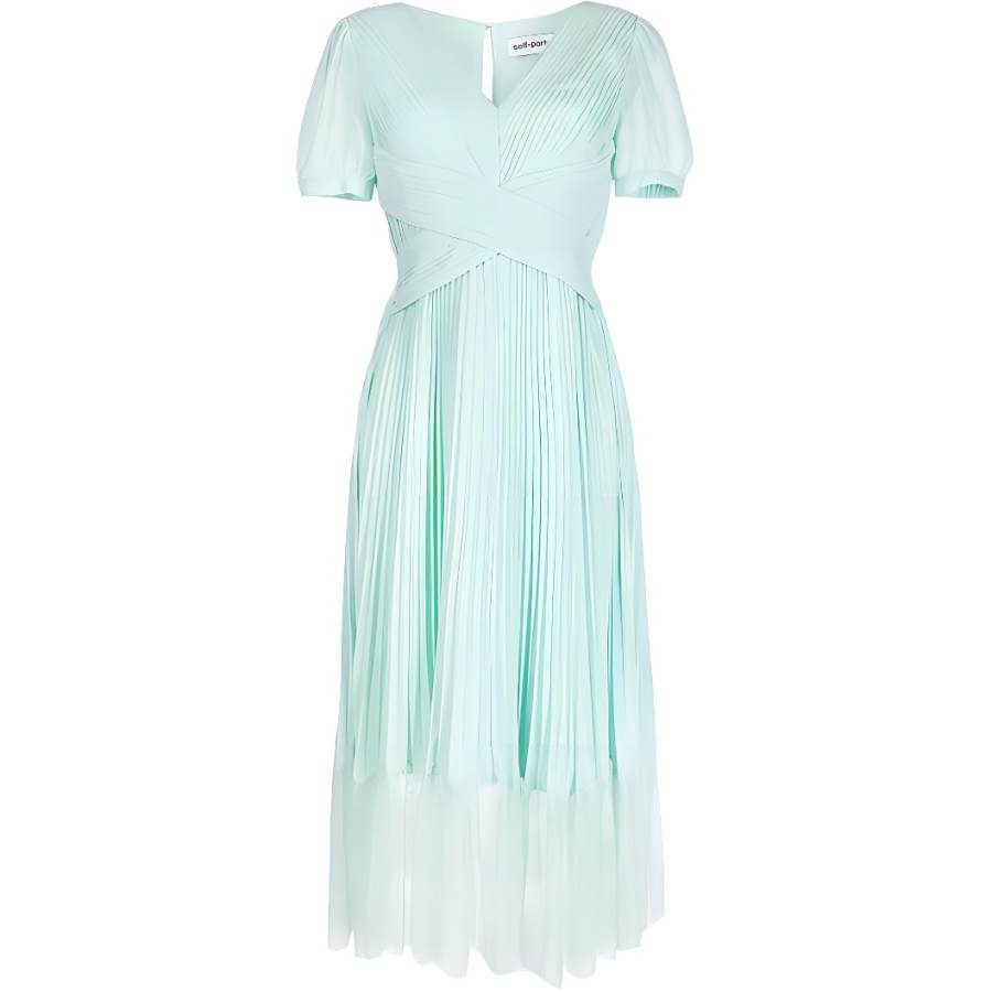 Self-portrait pleated lace-trim midi dress