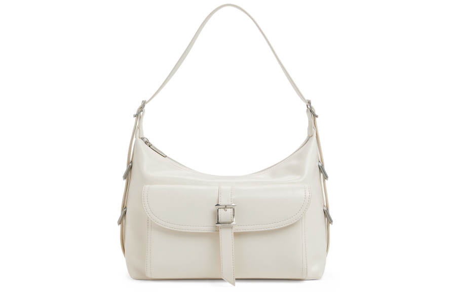 CHARLES&KEITH Waxed Leather Pu One Shoulder Crossbody Shoulder Bag Medium Women's Noir Black/Cream Milk White