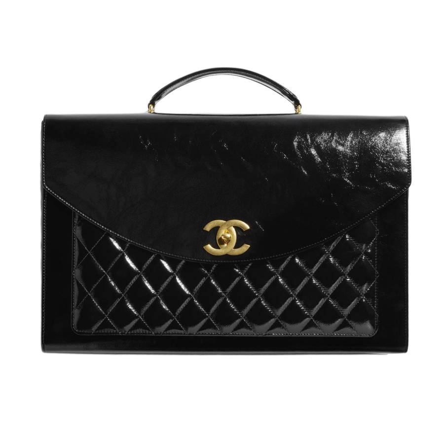 CHANEL Wrinkle Lambskin Patent Leather Briefcase Women's Black